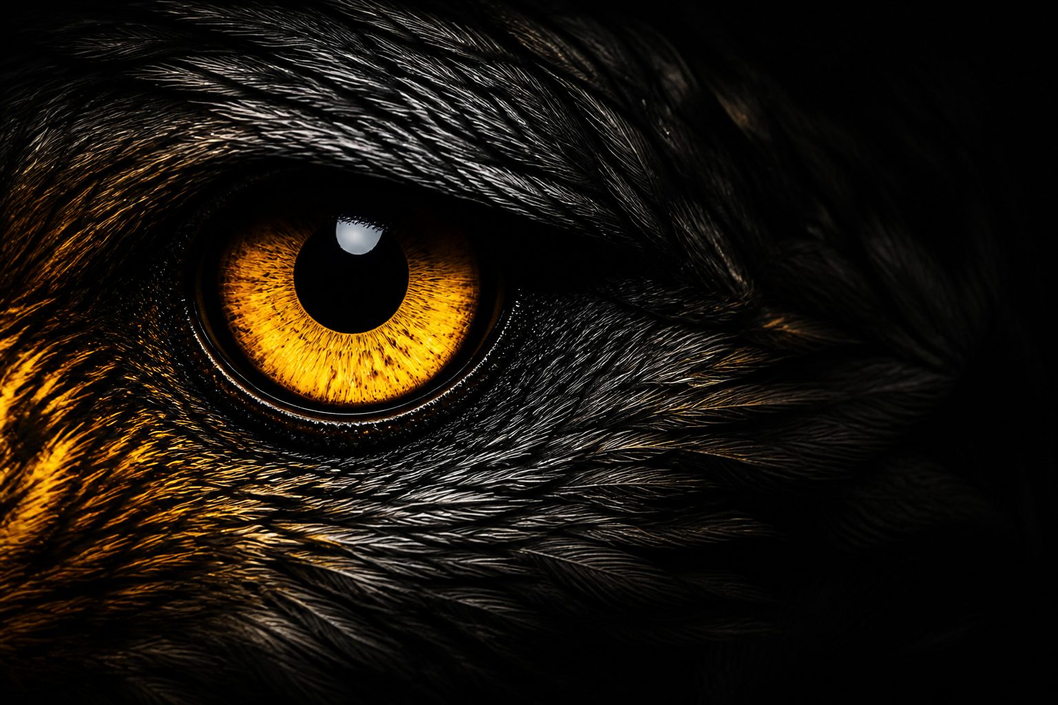 Detailed hawk eye with dark feathers and a golden iris