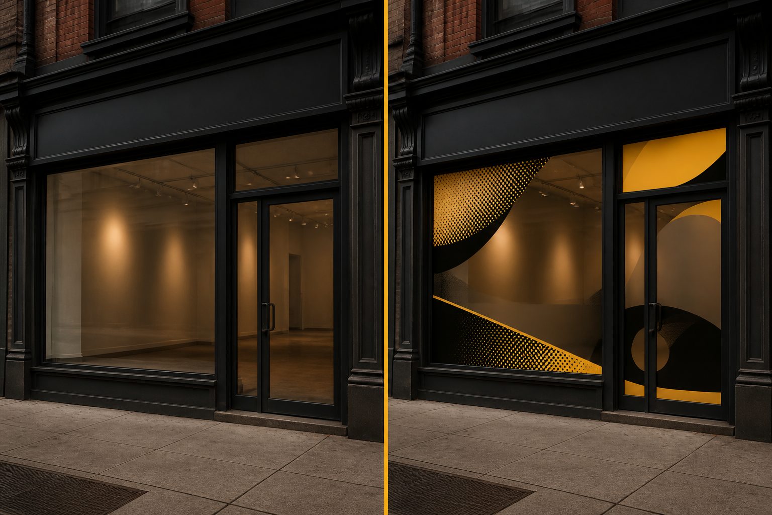 Example visualization of a plain storefront beside the same storefront with yellow and black window graphics
