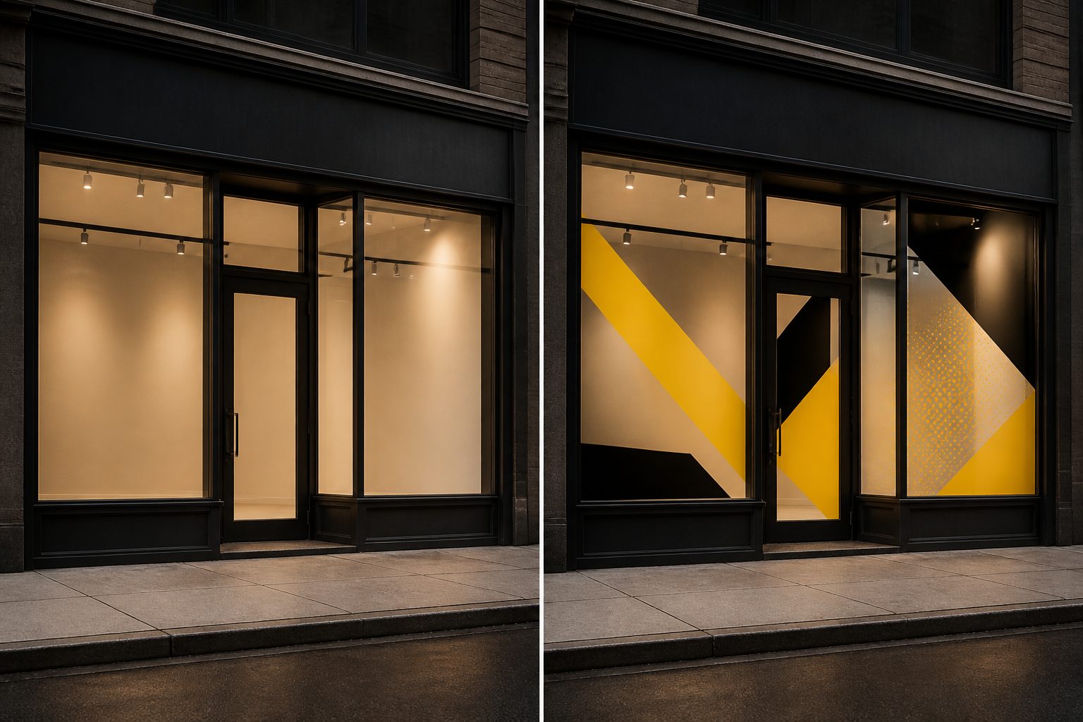 Example visualization of a plain storefront beside the same storefront with frosted and yellow window graphics